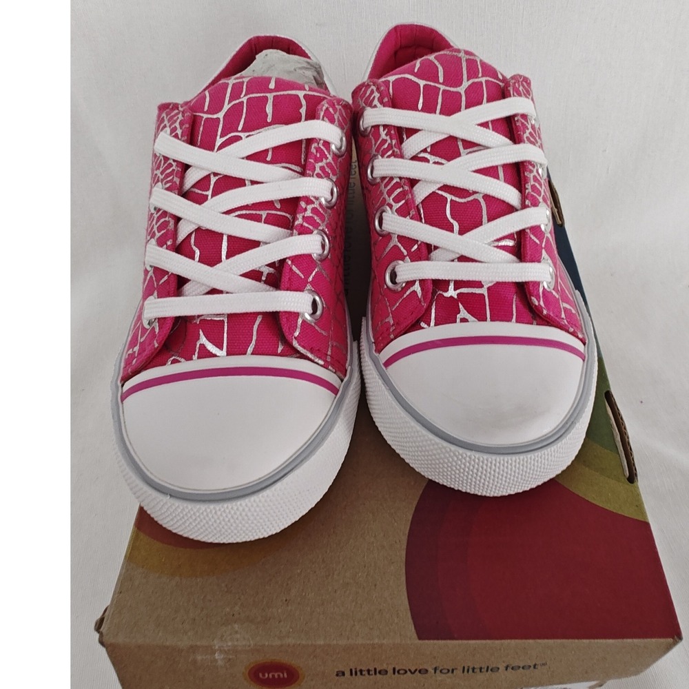 Umi Shoes Terri Lace Up Sneaker Canvas White Pink Silver New Girls 10.5 Flaw